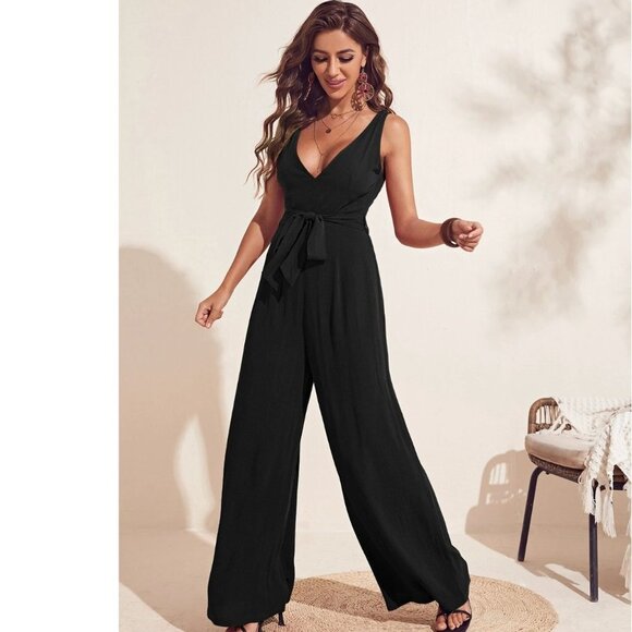 SHEIN Privé Black Deep V Neck Backless Jumpsuit XL - Picture 1 of 9
